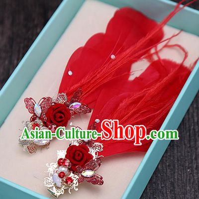 Top Grade Handmade Wedding Bride Hair Accessories Red Feather Hair Claw, Traditional Baroque Princess Hair Stick Headpiece for Women