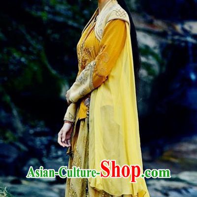 Traditional Ancient Chinese National Minority Princess Costume and Handmade Headpiece Complete Set, Chinese Ancient Swordswoman Embroidered Dress Clothing for Women