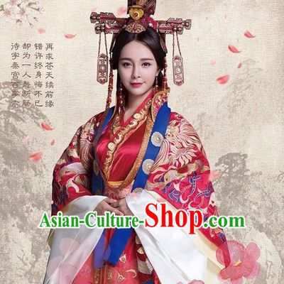 Traditional Ancient Chinese Chunqiu Period Dynasty Imperial Consort Wedding Costume and Headpiece Complete Set, Chinese Chong Er Preach Bride Imperial Concubine Embroidered Dress