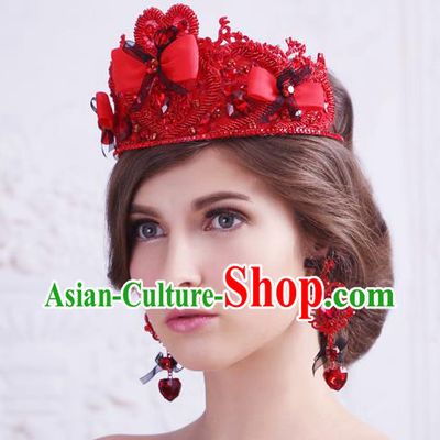 Top Grade Handmade Wedding Hair Accessories Bride Princess Red Crown, Traditional Baroque Queen Retro Crystal Royal Crown Wedding Headwear for Women