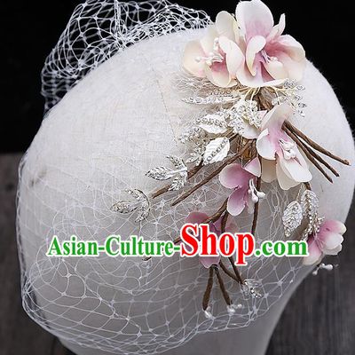 Top Grade Handmade Wedding Hair Accessories Bride Pink Flower Veil Hair Stick, Traditional Baroque Princess Headband Headpiece for Women