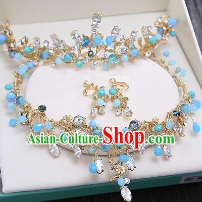 Top Grade Handmade Wedding Hair Accessories Bride Princess Blue Beads Hair Clasp and Necklace Earrings, Traditional Baroque Queen Retro Crystal Royal Crown Wedding Headwear for Women