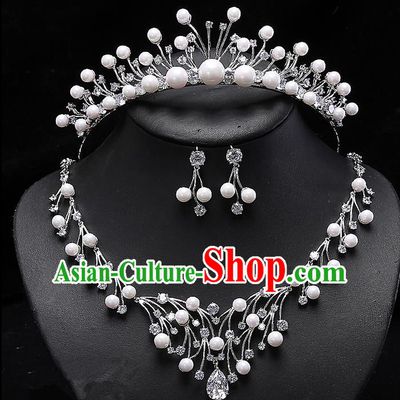 Top Grade Handmade Wedding Hair Accessories Bride Princess Zircon Imperial Crown and Necklace Earrings, Traditional Baroque Crystal Royal Crown Wedding Headwear for Women