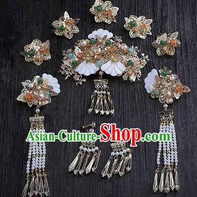 Top Grade Chinese Handmade Wedding Hair Accessories Head Ornament Complete Set, Traditional China Xiuhe Suit Bride Tassel Step Shake Headdress for Women