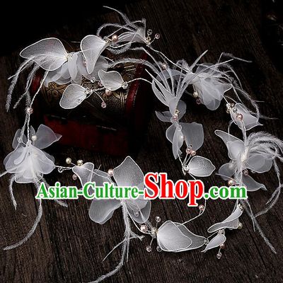 Top Grade Handmade Wedding Hair Accessories Bride White Feather Hair Clasp, Traditional Baroque Princess Pearl Headband Hair Clip Headpiece for Women