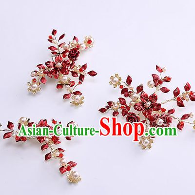 Top Grade Handmade Wedding Dragonfly Hair Accessories Bride Red Hair Claws, Traditional Baroque Princess Hair Stick Headpiece for Women