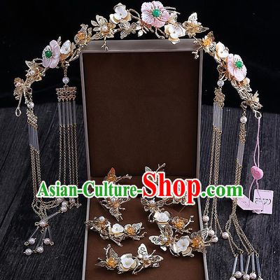 Top Grade Chinese Handmade Wedding Hair Accessories Complete Set, Traditional China Xiuhe Suit Bride Hairpins Phoenix Coronet Hanfu Tassel Step Shake Headdress for Women