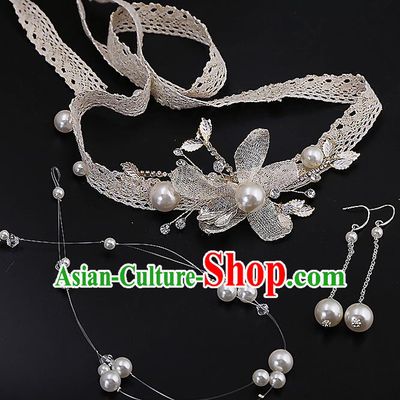 Top Grade Handmade Wedding Hair Accessories Bride White Lace Headband Hair Clasp, Traditional Baroque Princess Hair Stick Headdress for Women