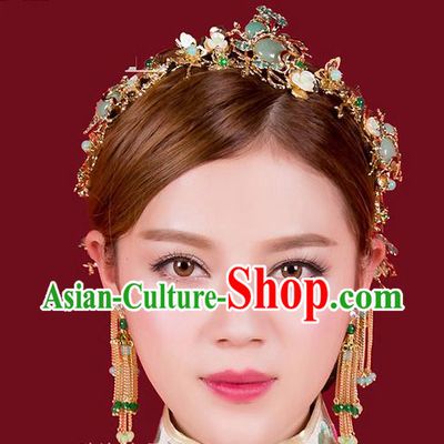 Top Grade Chinese Handmade Wedding Green Jade Hair Accessories Hair Combs, Traditional China Xiuhe Suit Bride Headdress Hairpins Complete Set for Women