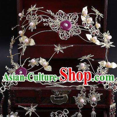 Top Grade Chinese Handmade Wedding Hair Accessories Purple Forehead Ornament, Traditional China Xiuhe Suit Bride Tassel Hairpins Complete Set for Women