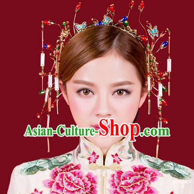 Top Grade Chinese Handmade Wedding Hair Accessories Hair Clasp, Traditional China Xiuhe Suit Bride Butterfly Hairpins Hanfu Tassel Headdress for Women