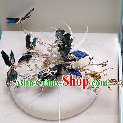 Top Grade Handmade Wedding Dragonfly Hair Accessories Bride Feather Hair Claw, Traditional Baroque Princess Pearl Headband Hair Stick Headpiece for Women
