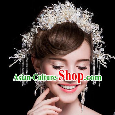 Top Grade Handmade Wedding Hair Accessories Bride Princess Pearl Imperial Crown and Earrings Complete Set, Traditional Baroque Royal Crown Wedding Headwear for Women