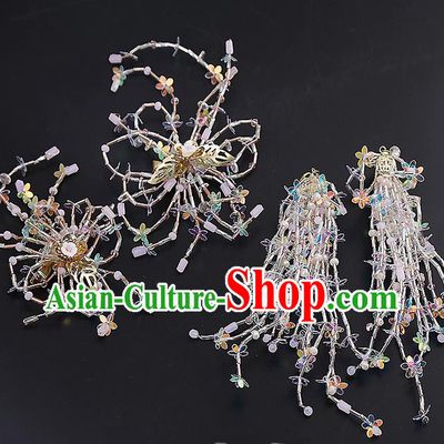 Top Grade Handmade Wedding Dragonfly Hair Accessories Bride Hair Stick and Earrings, Traditional Baroque Princess Hair Clasp Headband Headdress for Women