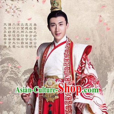 Traditional Ancient Chinese Imperial Emperor Costume and Headpiece Complete Set, Chinese Chong Er Preach Chunqiu Period Majesty Embroidered Robe Clothing