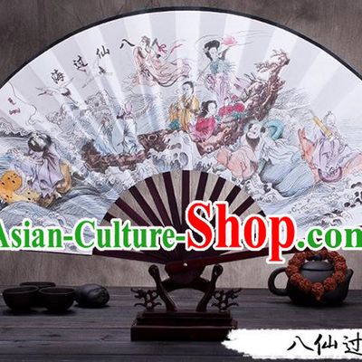 Traditional Chinese Ancient Peking Opera Accessories Scholar Ink Painting Eight Immortals Crossing the Sea Fan, Traditional Chinese Beijing Opera Young Men Props Folding Fans