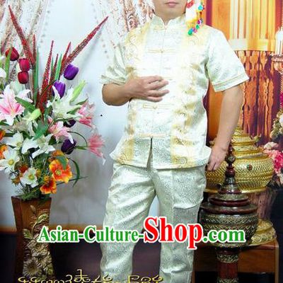 Traditional Traditional Thailand Male Clothing, Southeast Asia Thai Ancient Costumes Dai Nationality White Shirt and Pants for Men