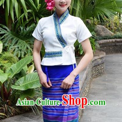 Traditional Traditional Thailand Princess Clothing, Southeast Asia Thai Ancient Costumes Dai Nationality Blue Sari Dress for Women
