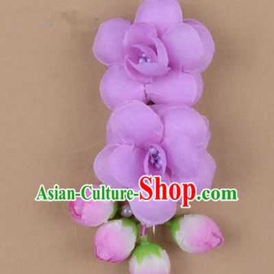 Chinese Ancient Peking Opera Hair Accessories Diva Temple Purple Flowers Hairpins, Traditional Chinese Beijing Opera Princess Hua Tan Hair Clasp Head-ornaments