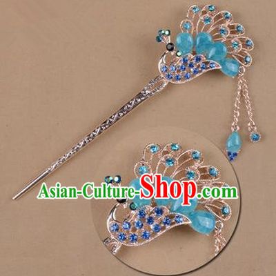 Top Grade Chinese Ancient Peking Opera Hair Accessories Diva Blue Crystal Peacock Hairpins Step Shake, Traditional Chinese Beijing Opera Princess Hua Tan Hair Clasp Head-ornaments