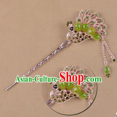 Top Grade Chinese Ancient Peking Opera Hair Accessories Diva Green Crystal Peacock Hairpins Step Shake, Traditional Chinese Beijing Opera Hua Tan Hair Clasp Head-ornaments