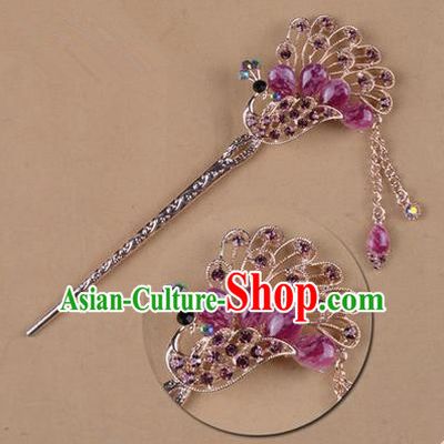 Top Grade Chinese Ancient Peking Opera Hair Accessories Diva Purple Crystal Peacock Hairpins Step Shake, Traditional Chinese Beijing Opera Hua Tan Hair Clasp Head-ornaments