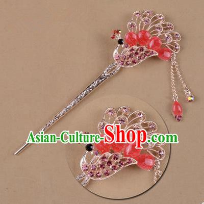 Top Grade Chinese Ancient Peking Opera Hair Accessories Diva Pink Crystal Peacock Hairpins Step Shake, Traditional Chinese Beijing Opera Hua Tan Hair Clasp Head-ornaments