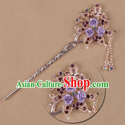 Top Grade Chinese Ancient Peking Opera Hair Accessories Diva Purple Crystal Flowers Hairpins Step Shake, Traditional Chinese Beijing Opera Hua Tan Hair Clasp Head-ornaments