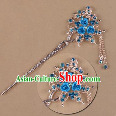 Top Grade Chinese Ancient Peking Opera Hair Accessories Diva Blue Crystal Flowers Hairpins Step Shake, Traditional Chinese Beijing Opera Hua Tan Hair Clasp Head-ornaments