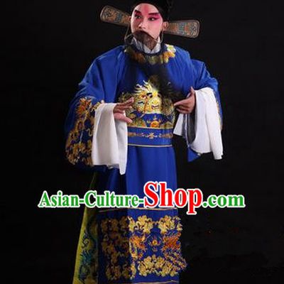 Traditional Chinese Beijing Opera Male Blue Clothing, China Peking Opera Emperor Costume Embroidered Gwanbok Robe Opera Costumes