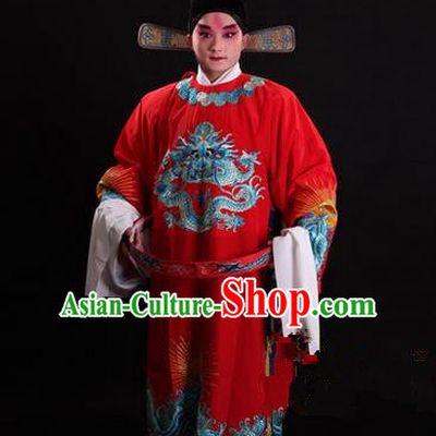 Traditional Chinese Beijing Opera Male Red Clothing and Shoes Complete Set, China Peking Opera Emperor Costume Embroidered Gwanbok Robe Opera Costumes