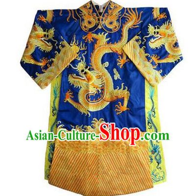 Traditional Chinese Beijing Opera Emperor Clothing, China Peking Opera King Blue Embroidered Dragon Robe Opera Costumes