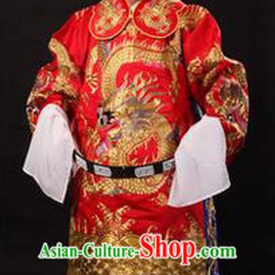 Traditional Chinese Beijing Opera Emperor Clothing and Headwear Complete Set, China Peking Opera His Royal Highness Embroidered Dragon Robe Red Opera Costumes