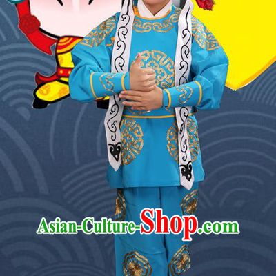 Traditional Chinese Beijing Opera Children Martial Blue Clothing, China Peking Opera Wu Sheng Costumes and Shoes Complete Set for Kids