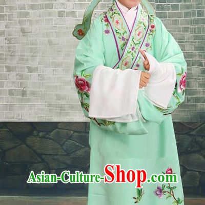 Traditional Chinese Beijing Opera Niche Green Children Clothing and Boots Complete Set, China Peking Opera Young Men Costume Embroidered Robe for Kids