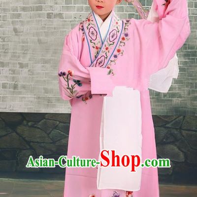 Traditional Chinese Beijing Opera Niche Pink Children Clothing and Boots Complete Set, China Peking Opera Young Men Costume Embroidered Robe for Kids