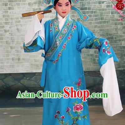 Traditional Chinese Beijing Opera Niche Blue Children Clothing and Boots Complete Set, China Peking Opera Young Men Costume Embroidered Robe for Kids