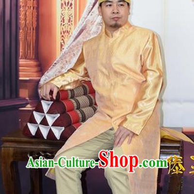 Traditional Traditional Thailand Male Clothing, Southeast Asia Thai Ancient Costumes Dai Nationality Golden Long Robe Dust Coat for Men