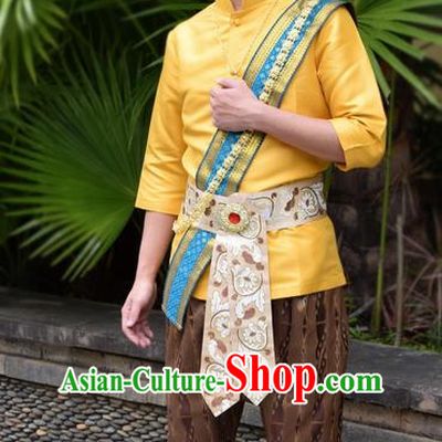 Traditional Traditional Thailand Male Clothing, Southeast Asia Thai Ancient Costumes Dai Nationality Golden Shirt and Pants for Men