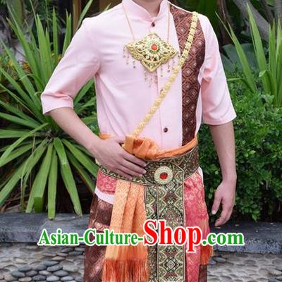 Traditional Traditional Thailand Male Clothing, Southeast Asia Thai Ancient Costumes Dai Nationality Pink Shirt and Pants for Men