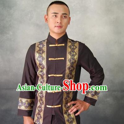 Traditional Traditional Thailand Male Clothing, Southeast Asia Thai Ancient Costumes Dai Nationality Black Shirt for Men
