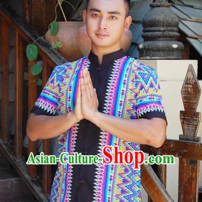 Traditional Traditional Thailand Male Clothing, Southeast Asia Thai Ancient Costumes Dai Nationality Blue Shirt for Men