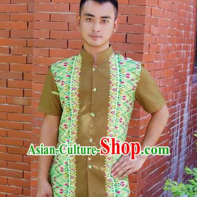 Traditional Traditional Thailand Male Clothing, Southeast Asia Thai Ancient Costumes Dai Nationality Green Shirt for Men