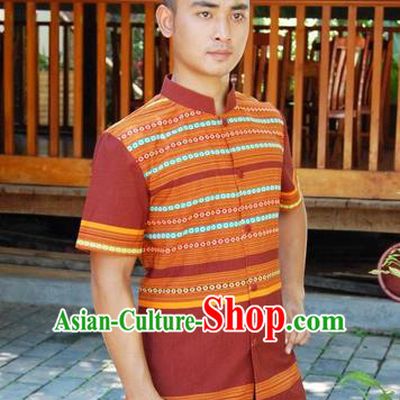 Traditional Traditional Thailand Male Clothing, Southeast Asia Thai Ancient Costumes Dai Nationality Coffee Shirt for Men