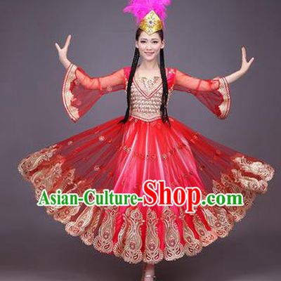 Traditional Chinese Uyghur Nationality Dancing Costume, Folk Dance Ethnic Costume, Chinese Minority Nationality Uigurian Dance Dress for Women
