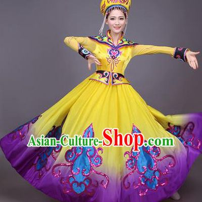 Traditional Chinese Mongol Nationality Dance Costume, Mongols Female Folk Dance Ethnic Pleated Skirt, Chinese Mongolian Minority Nationality Embroidery Dress for Women