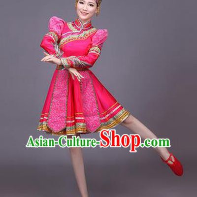 Traditional Chinese Mongol Nationality Dance Costume, Mongols Female Folk Dance Ethnic Pleated Skirt, Chinese Mongolian Minority Nationality Embroidery Pink Short Dress for Women