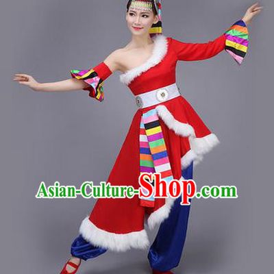 Traditional Chinese Zang Nationality Dance Costume, Folk Dance Ethnic Clothing Suit, Chinese Tibetan Minority Nationality Red Dress for Women