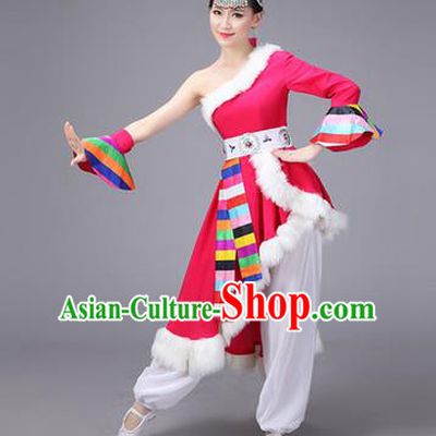Traditional Chinese Zang Nationality Dance Costume, Folk Dance Ethnic Clothing Suit, Chinese Tibetan Minority Nationality Rosy Dress for Women