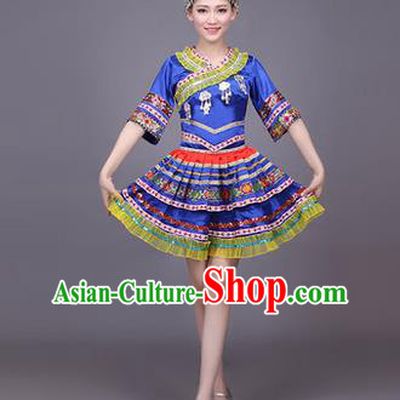 Traditional Chinese Miao Nationality Dance Costume, Hmong Female Folk Dance Ethnic Pleated Skirt, Chinese Minority Nationality Embroidery Blue Dress for Women